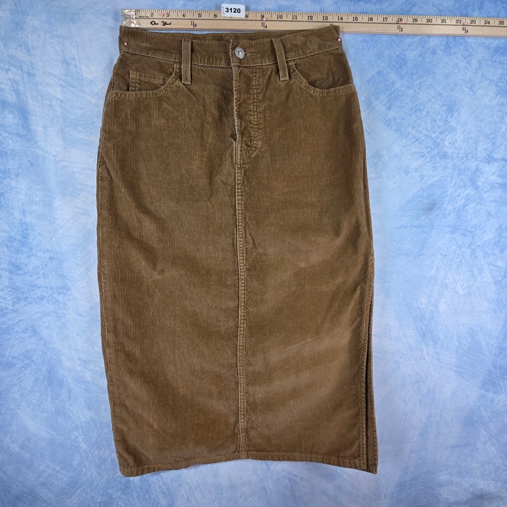 Levis Corduroy Midi Skirt Womens 26 Tan Brown High Waisted Straight Side Slit
